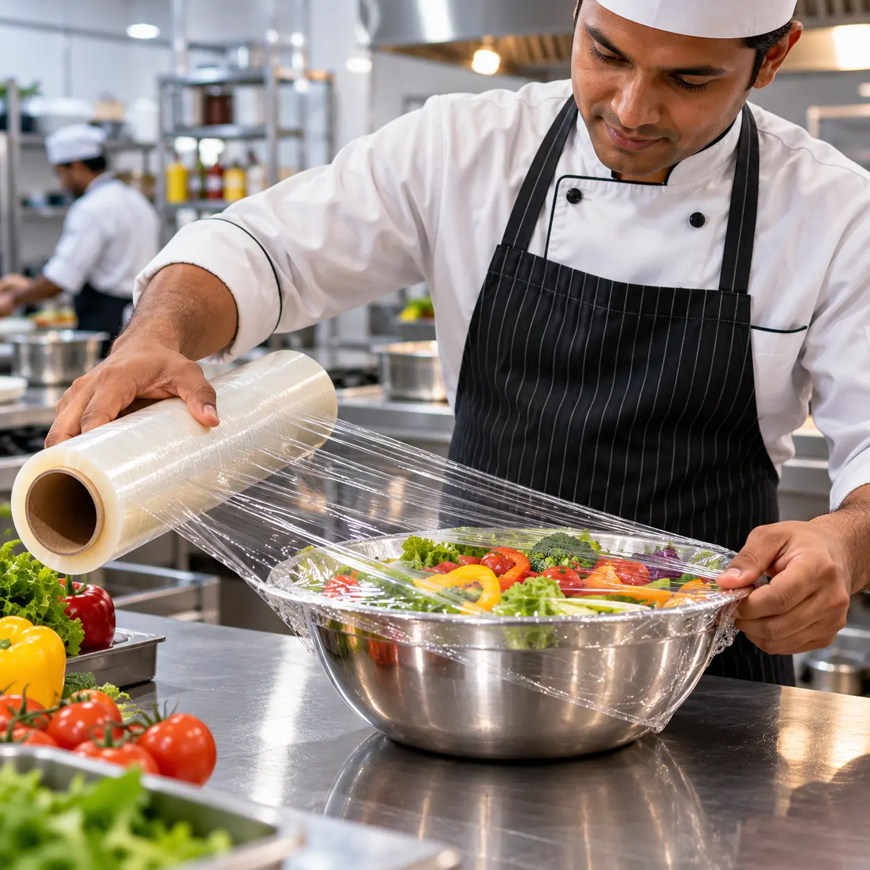 Cling film rolls in a commercial kitchen