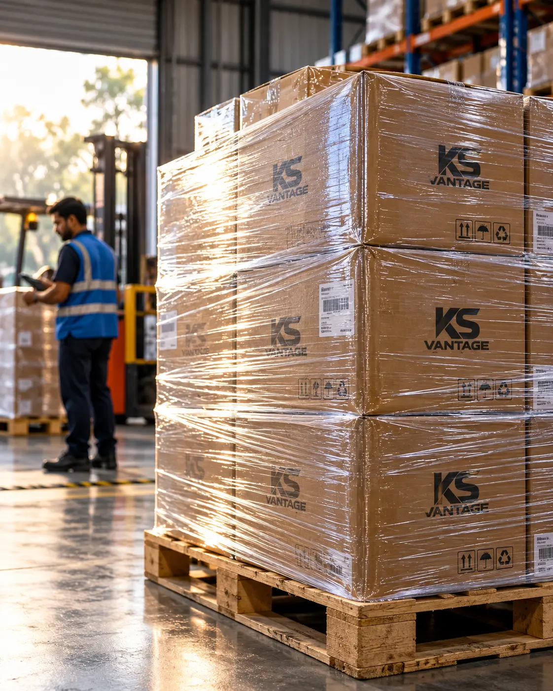 Rolls of stretch film in a warehouse